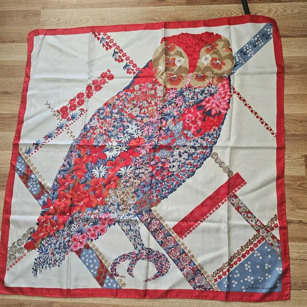 Salvatore Ferragamo Vtg Floral Owl Silk Neck Scarf Patchwork Bird Print Square